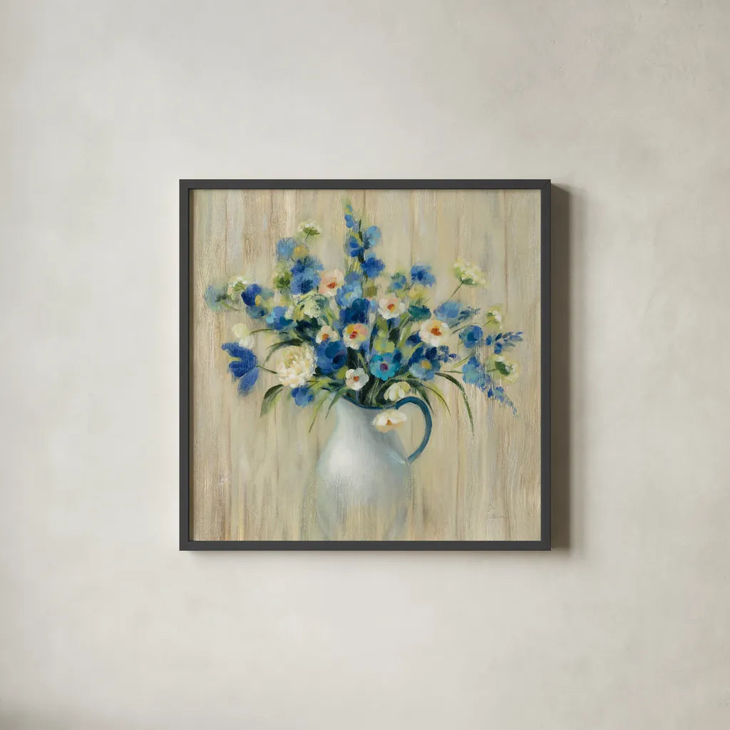 Coastal Bouquet by Silvia Vassileva. Shown in a sleek black glass frame for a contemporary gallery look. Available as an archival giclee rolled canvas, fine art paper, or poster print. SKU 46655a.