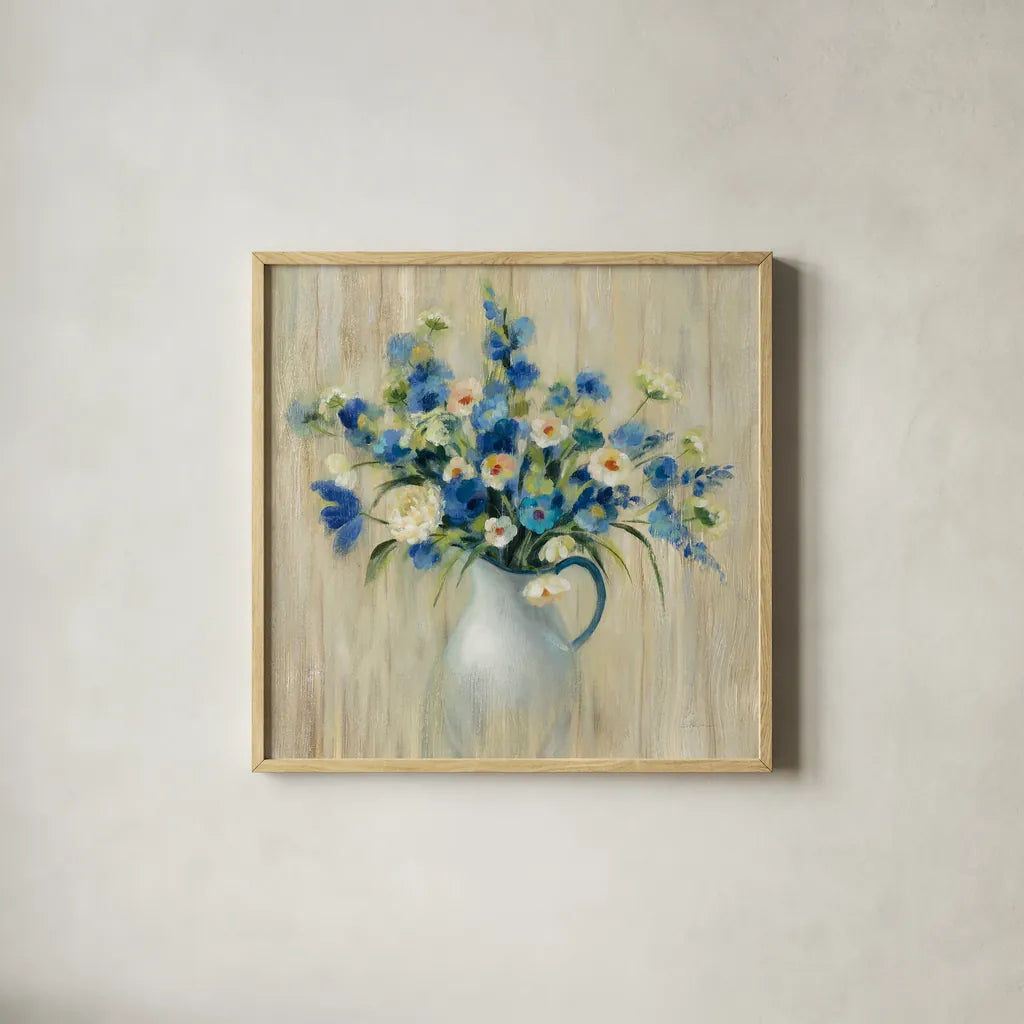 Coastal Bouquet by Silvia Vassileva. Shown in a natural wood glass frame for a timeless modern aesthetic. Available as an archival giclee rolled canvas, fine art paper, or poster print. SKU 46655a.