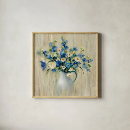 Coastal Bouquet by Silvia Vassileva. Shown in a natural wood glass frame for a timeless modern aesthetic. Available as an archival giclee rolled canvas, fine art paper, or poster print. SKU 46655a.