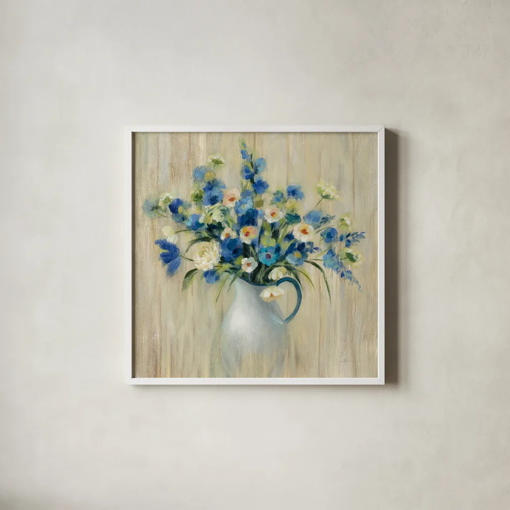 Coastal Bouquet by Silvia Vassileva. Shown in a crisp white glass frame for a clean and minimalist style. Available as an archival giclee rolled canvas, fine art paper, or poster print. SKU 46655a.