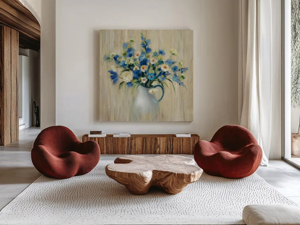Coastal Bouquet by Silvia Vassileva. Shown as extra-large giant wall art in a modern living room. Available as an archival giclee rolled canvas, fine art paper, or poster print. SKU 46655a.