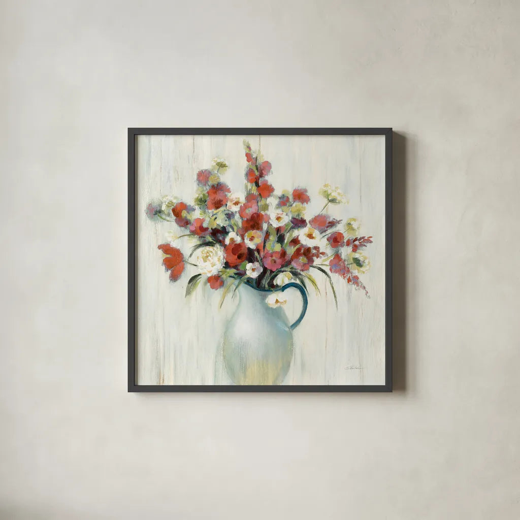 Coastal Bouquet Autumn by Silvia Vassileva. Shown in a sleek black glass frame for a contemporary gallery look. Available as an archival giclee rolled canvas, fine art paper, or poster print. SKU 70564a.