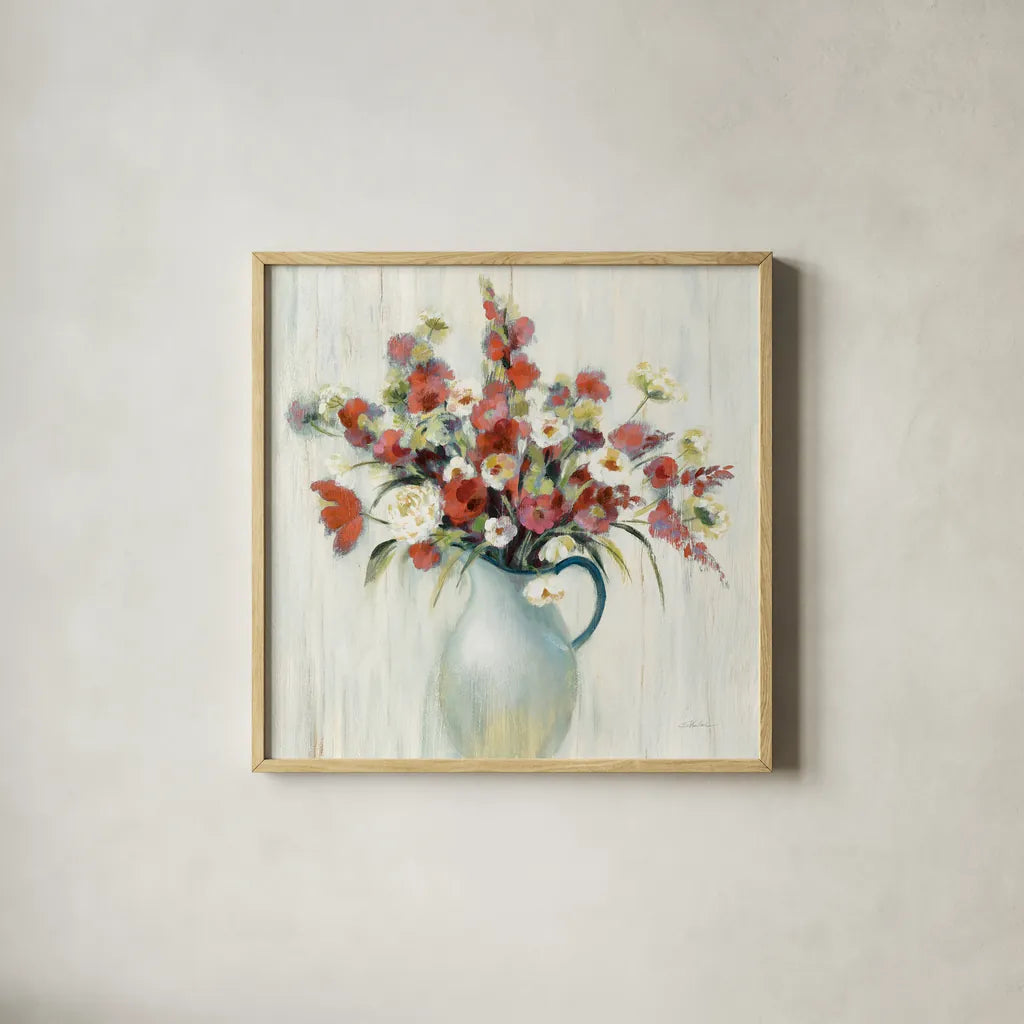 Coastal Bouquet Autumn by Silvia Vassileva. Shown in a natural wood glass frame for a timeless modern aesthetic. Available as an archival giclee rolled canvas, fine art paper, or poster print. SKU 70564a.
