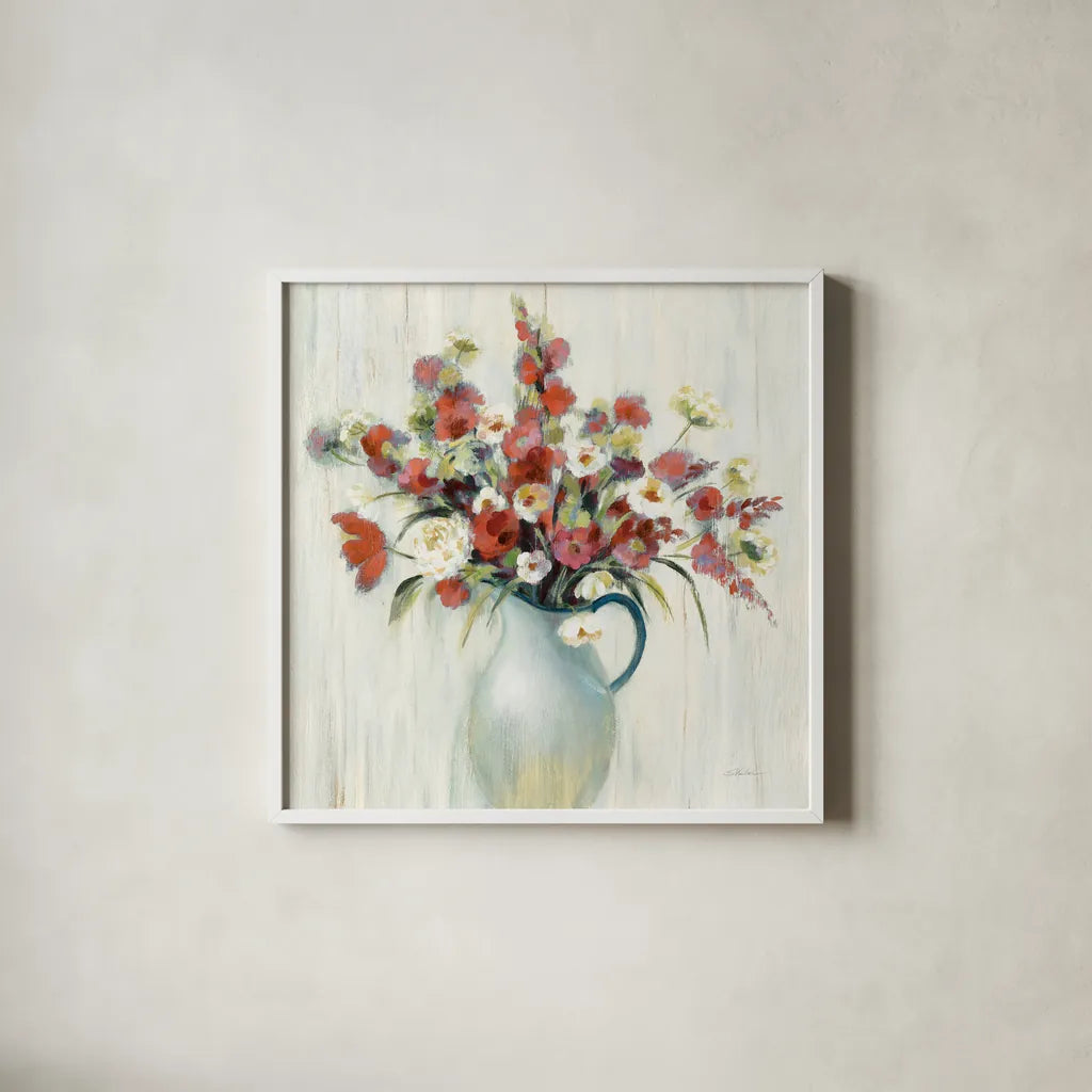 Coastal Bouquet Autumn by Silvia Vassileva. Shown in a crisp white glass frame for a clean and minimalist style. Available as an archival giclee rolled canvas, fine art paper, or poster print. SKU 70564a.