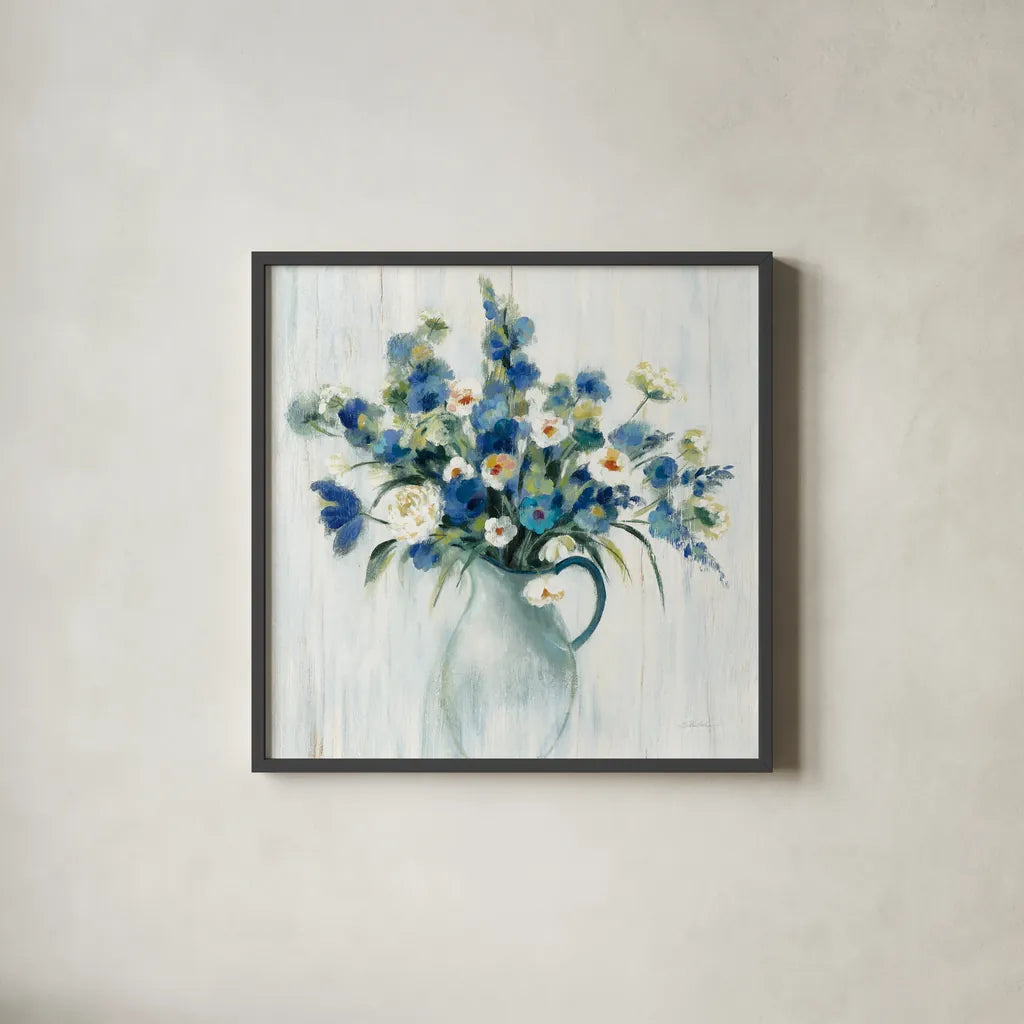 Coastal Bouquet Light by Silvia Vassileva. Shown in a sleek black glass frame for a contemporary gallery look. Available as an archival giclee rolled canvas, fine art paper, or poster print. SKU 54282a.