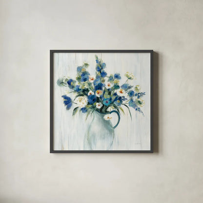 Coastal Bouquet Light by Silvia Vassileva. Shown in a sleek black glass frame for a contemporary gallery look. Available as an archival giclee rolled canvas, fine art paper, or poster print. SKU 54282a.