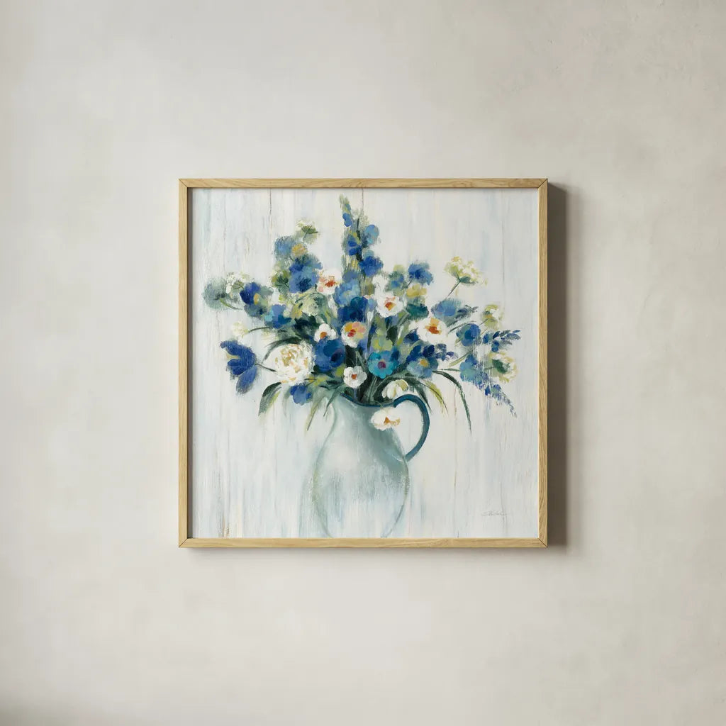 Coastal Bouquet Light by Silvia Vassileva. Shown in a natural wood glass frame for a timeless modern aesthetic. Available as an archival giclee rolled canvas, fine art paper, or poster print. SKU 54282a.