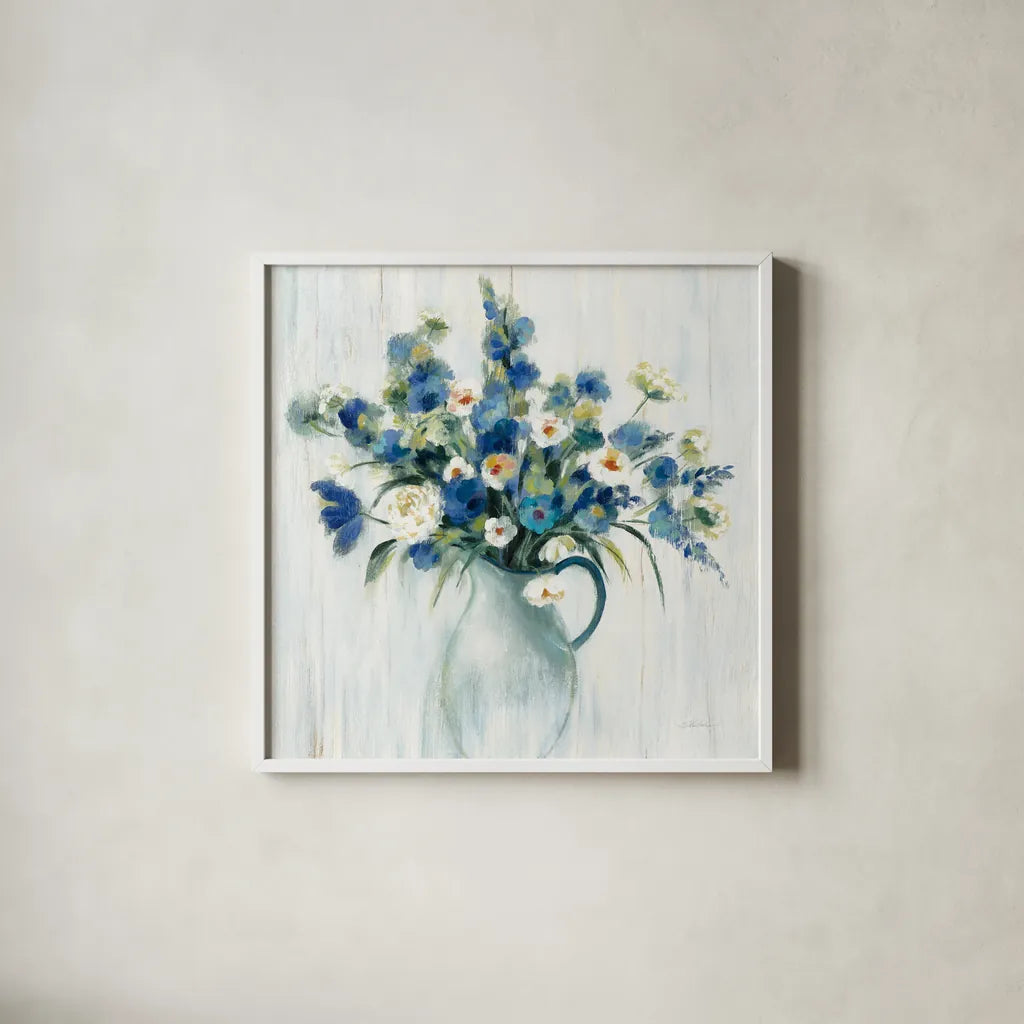 Coastal Bouquet Light by Silvia Vassileva. Shown in a crisp white glass frame for a clean and minimalist style. Available as an archival giclee rolled canvas, fine art paper, or poster print. SKU 54282a.
