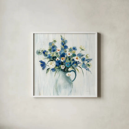 Coastal Bouquet Light by Silvia Vassileva. Shown in a crisp white glass frame for a clean and minimalist style. Available as an archival giclee rolled canvas, fine art paper, or poster print. SKU 54282a.