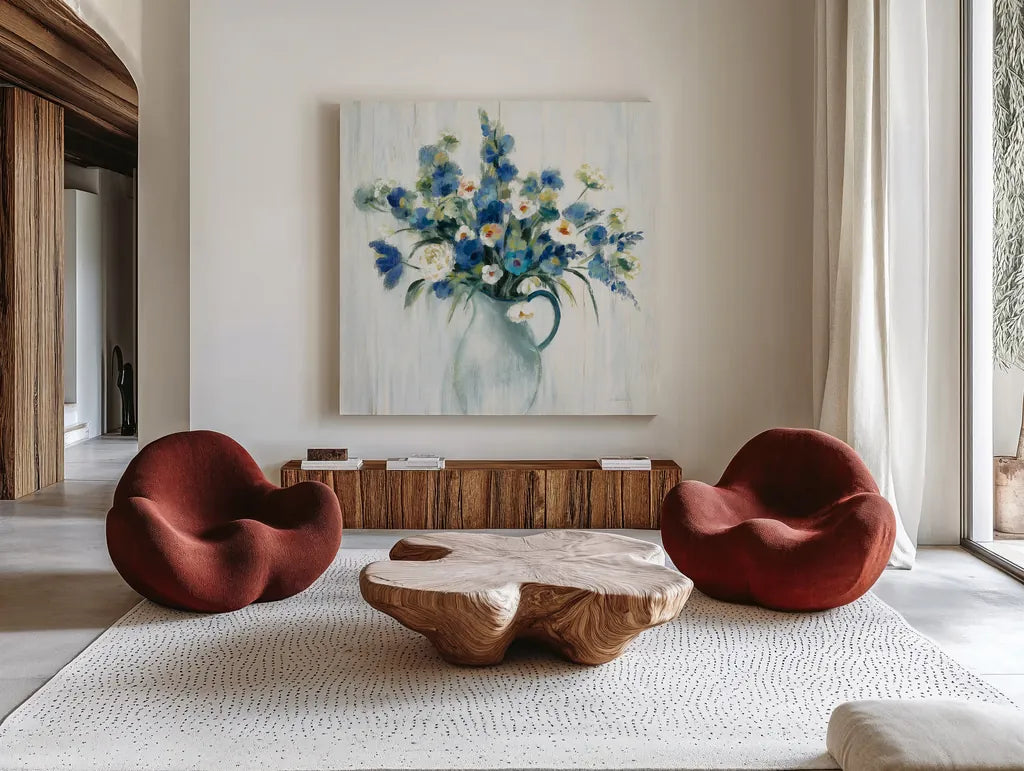 Coastal Bouquet Light by Silvia Vassileva. Shown as extra-large giant wall art in a modern living room. Available as an archival giclee rolled canvas, fine art paper, or poster print. SKU 54282a.