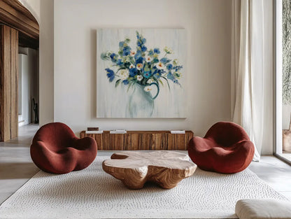 Coastal Bouquet Light by Silvia Vassileva. Shown as extra-large giant wall art in a modern living room. Available as an archival giclee rolled canvas, fine art paper, or poster print. SKU 54282a.