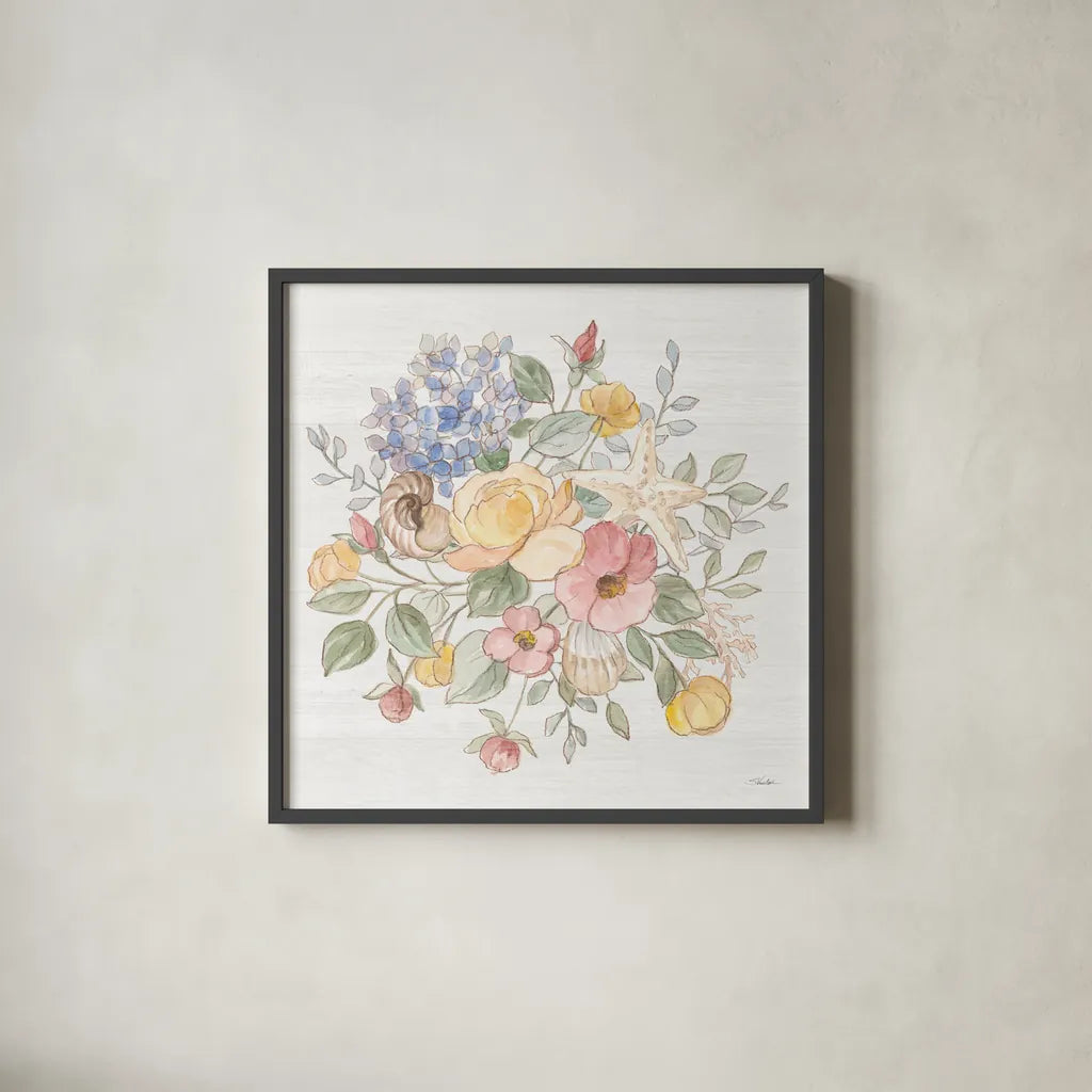 Coastal Cottage VI by Silvia Vassileva. Shown in a sleek black glass frame for a contemporary gallery look. Available as an archival giclee rolled canvas, fine art paper, or poster print. SKU 80074a.