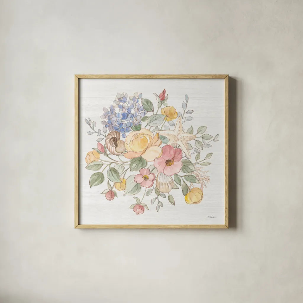 Coastal Cottage VI by Silvia Vassileva. Shown in a natural wood glass frame for a timeless modern aesthetic. Available as an archival giclee rolled canvas, fine art paper, or poster print. SKU 80074a.