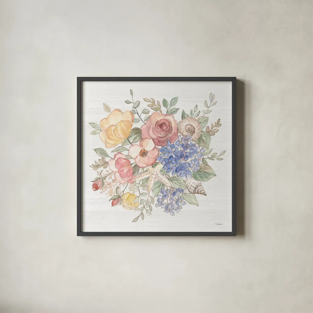 Coastal Cottage VII by Silvia Vassileva. Shown in a sleek black glass frame for a contemporary gallery look. Available as an archival giclee rolled canvas, fine art paper, or poster print. SKU 80075a.