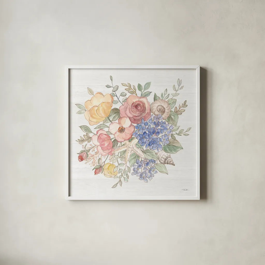 Coastal Cottage VII by Silvia Vassileva. Shown in a crisp white glass frame for a clean and minimalist style. Available as an archival giclee rolled canvas, fine art paper, or poster print. SKU 80075a.