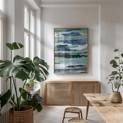 Coastal Sea Foam I by Silvia Vassileva. shown as a print in a natural wood frame in a dining room. Available as a archival giclee rolled canvas, fine art paper, or poster print. SKU 57261h.