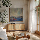 Coastal View I by Silvia Vassileva. Shown in a natural wood frame in a cozy modern living room. Available as an archival giclee rolled canvas, fine art paper, or poster print. SKU 60166a.