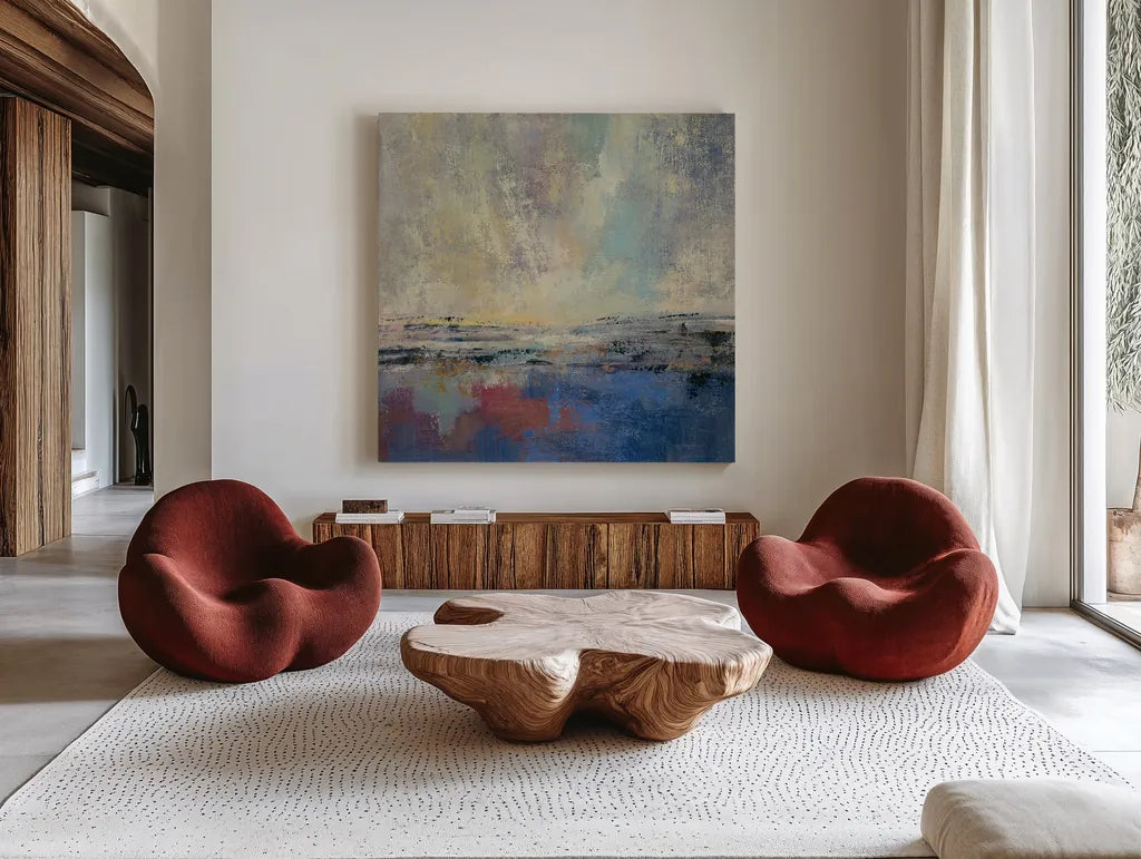 Coastal View I by Silvia Vassileva. Shown as extra-large giant wall art in a modern living room. Available as an archival giclee rolled canvas, fine art paper, or poster print. SKU 60166a.