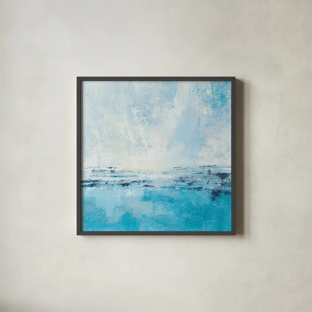 Coastal View I Aqua by Silvia Vassileva. Shown in a sleek black glass frame for a contemporary gallery look. Available as an archival giclee rolled canvas, fine art paper, or poster print. SKU 65023a.