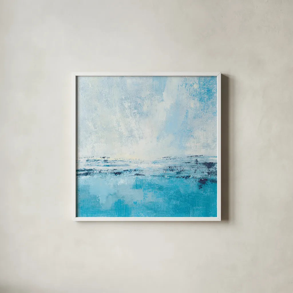 Coastal View I Aqua by Silvia Vassileva. Shown in a crisp white glass frame for a clean and minimalist style. Available as an archival giclee rolled canvas, fine art paper, or poster print. SKU 65023a.