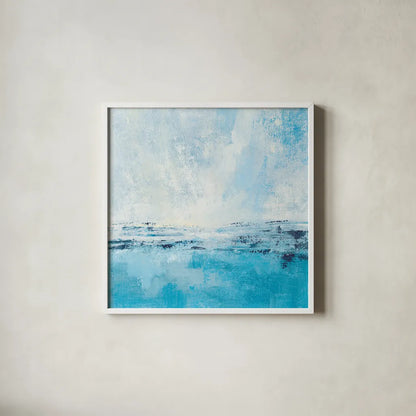 Coastal View I Aqua by Silvia Vassileva. Shown in a crisp white glass frame for a clean and minimalist style. Available as an archival giclee rolled canvas, fine art paper, or poster print. SKU 65023a.