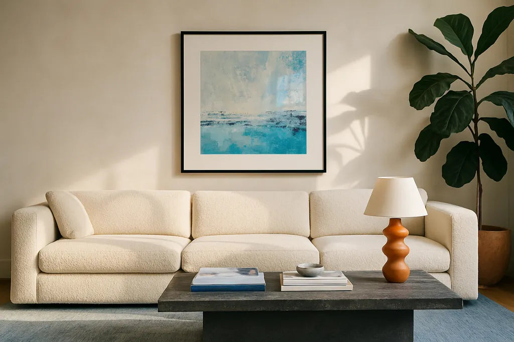 Coastal View I Aqua by Silvia Vassileva. Displayed in a glass frame with matte in a clean modern living room. Available as an archival giclee rolled canvas, fine art paper, or poster print. SKU 65023a.