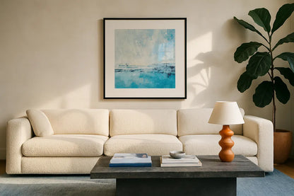Coastal View I Aqua by Silvia Vassileva. Displayed in a glass frame with matte in a clean modern living room. Available as an archival giclee rolled canvas, fine art paper, or poster print. SKU 65023a.