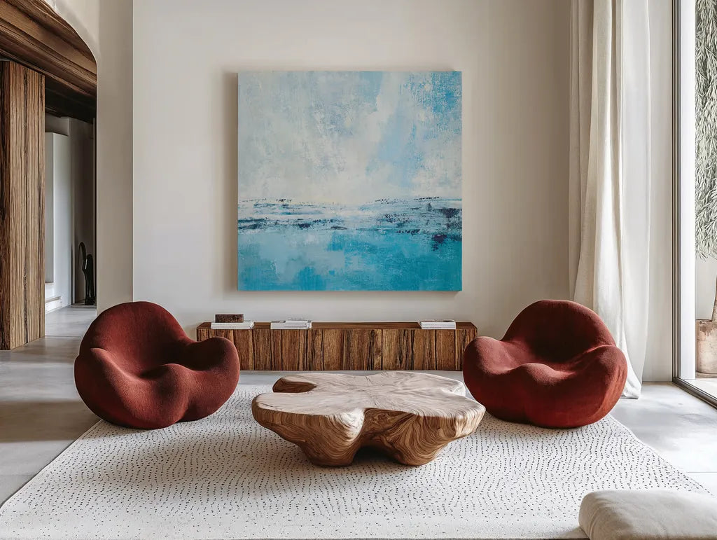 Coastal View I Aqua by Silvia Vassileva. Shown as extra-large giant wall art in a modern living room. Available as an archival giclee rolled canvas, fine art paper, or poster print. SKU 65023a.