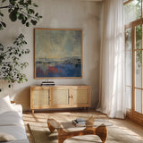 Coastal View I v2 by Silvia Vassileva. Shown in a natural wood frame in a cozy modern living room. Available as an archival giclee rolled canvas, fine art paper, or poster print. SKU 61340a.