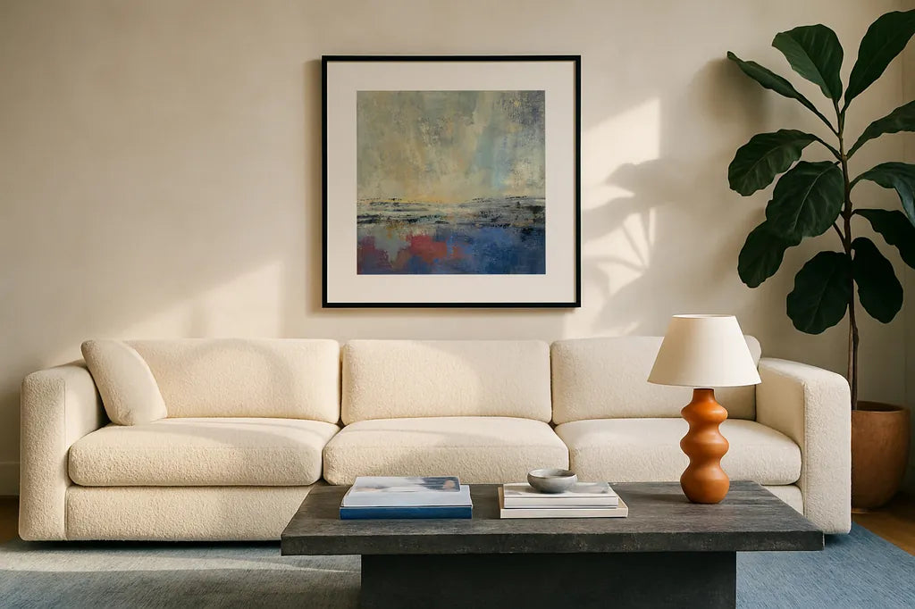 Coastal View I v2 by Silvia Vassileva. Displayed in a glass frame with matte in a clean modern living room. Available as an archival giclee rolled canvas, fine art paper, or poster print. SKU 61340a.