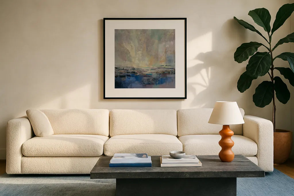 Coastal View II by Silvia Vassileva. Displayed in a glass frame with matte in a clean modern living room. Available as an archival giclee rolled canvas, fine art paper, or poster print. SKU 60167a.