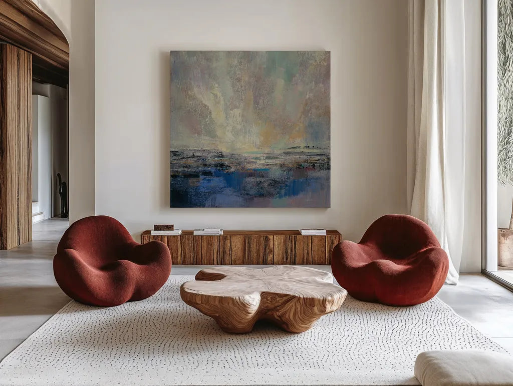 Coastal View II by Silvia Vassileva. Shown as extra-large giant wall art in a modern living room. Available as an archival giclee rolled canvas, fine art paper, or poster print. SKU 60167a.