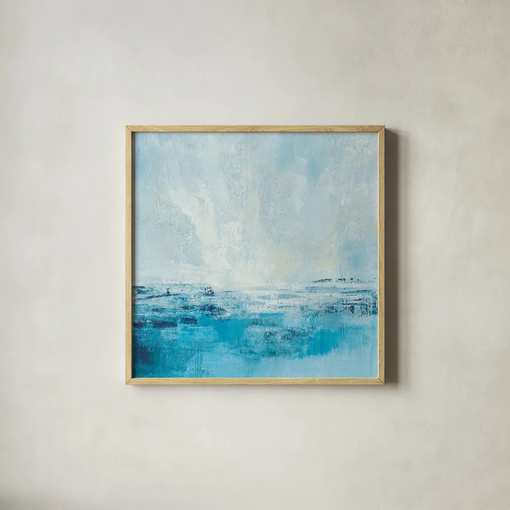 Coastal View II Aqua by Silvia Vassileva. Shown in a natural wood glass frame for a timeless modern aesthetic. Available as an archival giclee rolled canvas, fine art paper, or poster print. SKU 65024a.