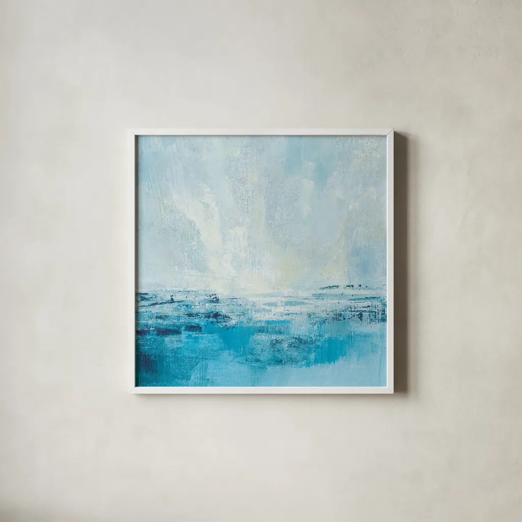 Coastal View II Aqua by Silvia Vassileva. Shown in a crisp white glass frame for a clean and minimalist style. Available as an archival giclee rolled canvas, fine art paper, or poster print. SKU 65024a.