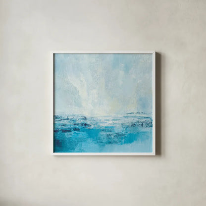 Coastal View II Aqua by Silvia Vassileva. Shown in a crisp white glass frame for a clean and minimalist style. Available as an archival giclee rolled canvas, fine art paper, or poster print. SKU 65024a.