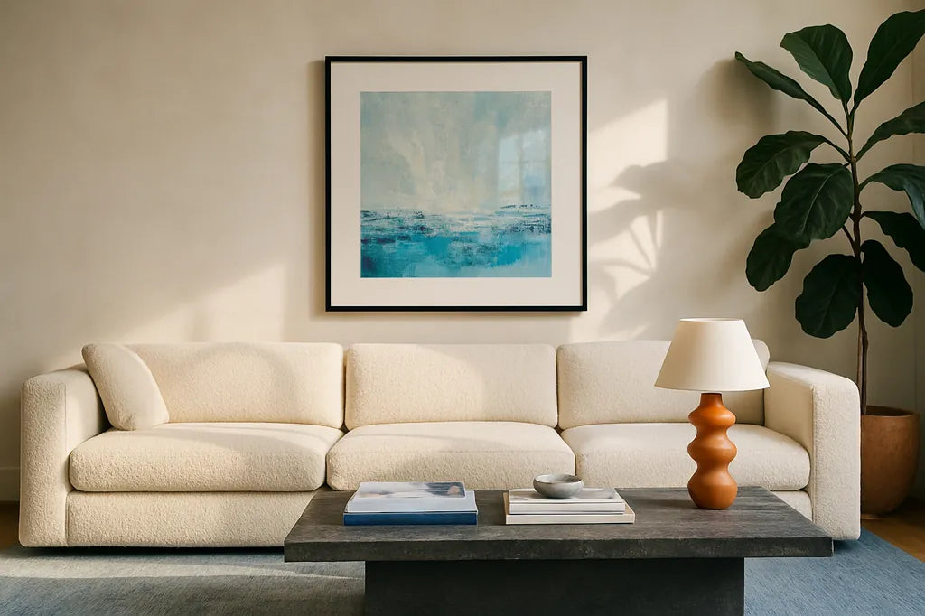 Coastal View II Aqua by Silvia Vassileva. Displayed in a glass frame with matte in a clean modern living room. Available as an archival giclee rolled canvas, fine art paper, or poster print. SKU 65024a.