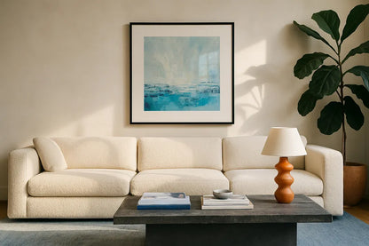 Coastal View II Aqua by Silvia Vassileva. Displayed in a glass frame with matte in a clean modern living room. Available as an archival giclee rolled canvas, fine art paper, or poster print. SKU 65024a.