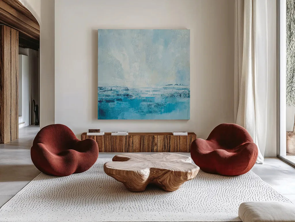 Coastal View II Aqua by Silvia Vassileva. Shown as extra-large giant wall art in a modern living room. Available as an archival giclee rolled canvas, fine art paper, or poster print. SKU 65024a.