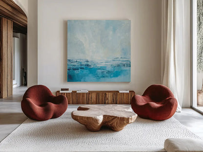 Coastal View II Aqua by Silvia Vassileva. Shown as extra-large giant wall art in a modern living room. Available as an archival giclee rolled canvas, fine art paper, or poster print. SKU 65024a.