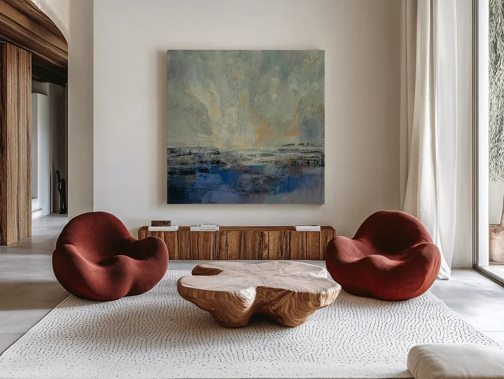 Coastal View II v2 by Silvia Vassileva. Shown as extra-large giant wall art in a modern living room. Available as an archival giclee rolled canvas, fine art paper, or poster print. SKU 61341a.