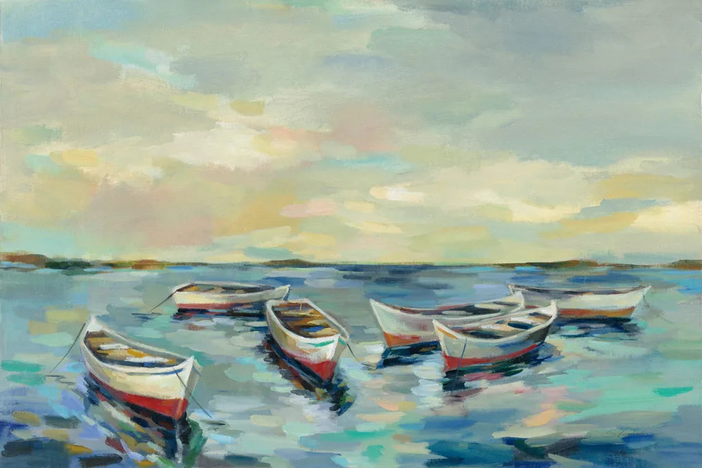 Coastal View of Boats by Silvia Vassileva. SKU 54378i. Archival Giclee Fine art print for wall decor.
