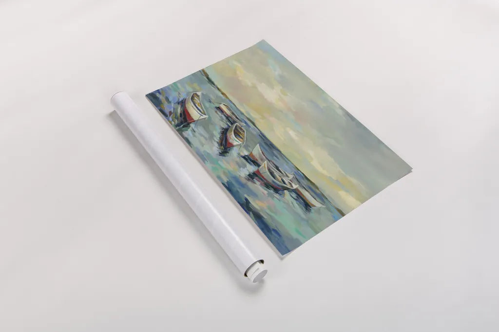 Coastal View of Boats by Silvia Vassileva. shown as a rolled paper print. Available as archival giclee rolled canvas, fine art paper, or poster print. SKU 54378i.
