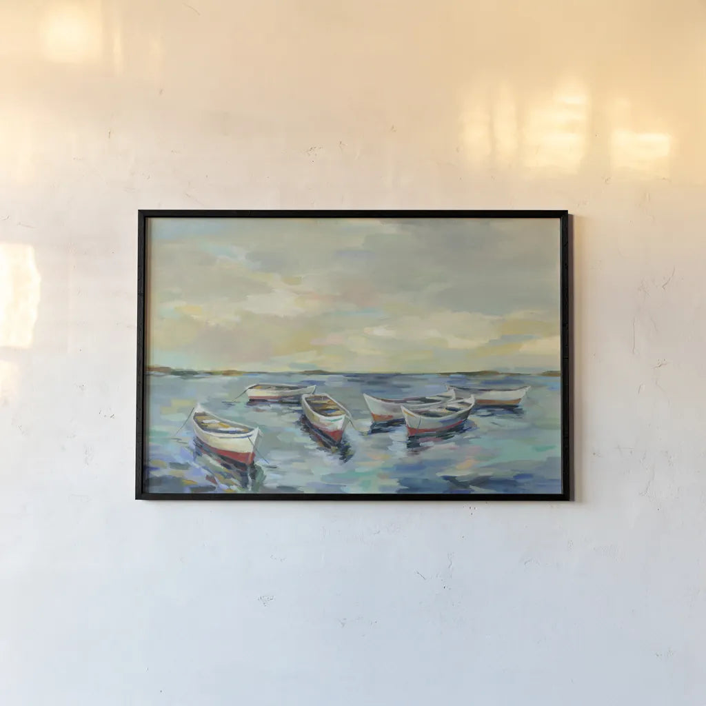 Coastal View of Boats by Silvia Vassileva. shown as a paper print in a black flame. Available as a archival giclee rolled canvas, fine art paper, or poster print. SKU 54378i.