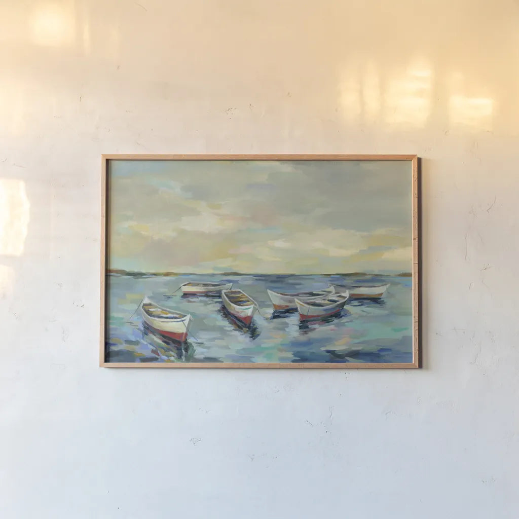 Coastal View of Boats by Silvia Vassileva. shown as a paper print in a natural frame. Available as a archival giclee rolled canvas, fine art paper, or poster print. SKU 54378i.
