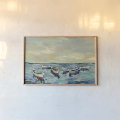 Coastal View of Boats by Silvia Vassileva. shown as a paper print in a natural frame. Available as a archival giclee rolled canvas, fine art paper, or poster print. SKU 54378i.
