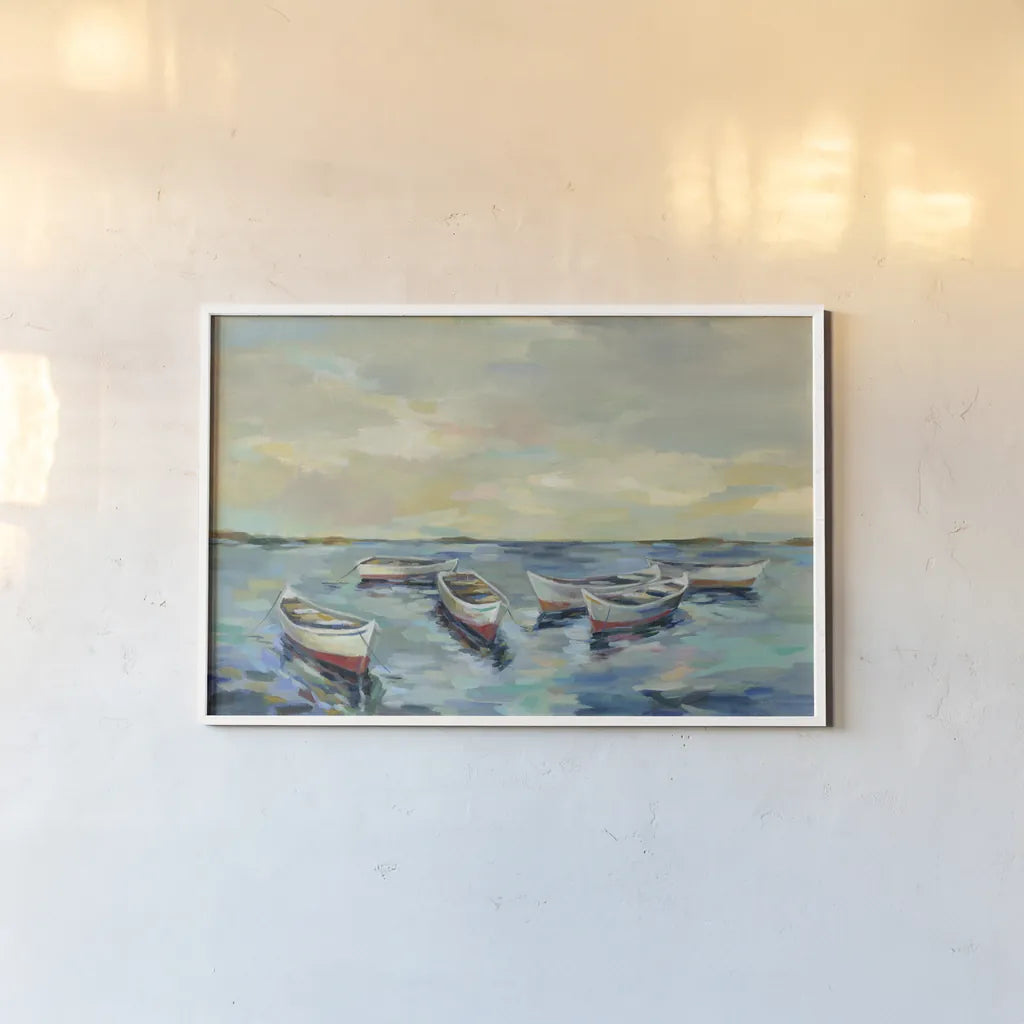 Coastal View of Boats by Silvia Vassileva. shown as a paper print in a white frame. Available as a archival giclee rolled canvas, fine art paper, or poster print. SKU 54378i.