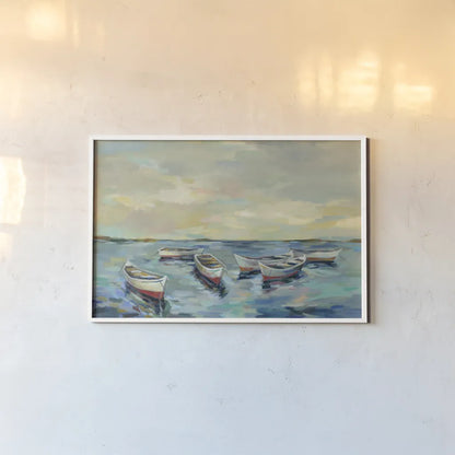 Coastal View of Boats by Silvia Vassileva. shown as a paper print in a white frame. Available as a archival giclee rolled canvas, fine art paper, or poster print. SKU 54378i.