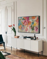 Colorful Garden I Crop by Silvia Vassileva. shown as a framed stretched canvas in a living room above a console. Available as a archival giclee rolled canvas, fine art paper, or poster print. SKU 21922i.