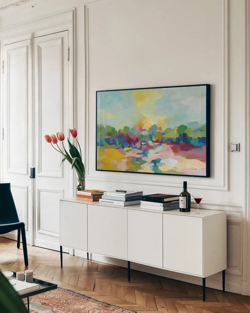 Colorful Inlet by Silvia Vassileva. shown as a framed stretched canvas in a living room above a console. Available as a archival giclee rolled canvas, fine art paper, or poster print. SKU 72301i.