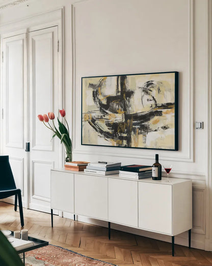 Concept by Silvia Vassileva. shown as a framed stretched canvas in a living room above a console. Available as a archival giclee rolled canvas, fine art paper, or poster print. SKU 62960i.